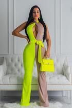 Fluorescent green Casual Patchwork bandage Polyester Sleeveless V Neck  Jumpsuits
