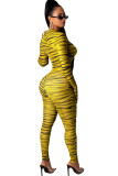 Amarelo sexy estampado com zíper patchwork manga comprida gola O