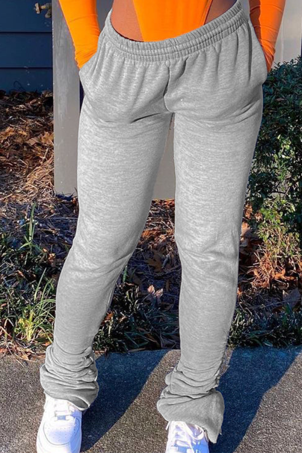 Pantalones rectos rectos de cintura media rectos con pliegues lisos informales grises