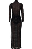 黒のセクシーな視点メッシュ幾何学的なツーピース スーツ A ライン スカート長袖