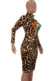 Gul mode vuxen Sexig kepsärm Långärmad turtleneck Step kjol Knälångt tryck leopard