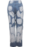 Pantalones de mezclilla con botón de cremallera con cremallera y bolsillo con cremallera alta con agujero de lavado recto azul claro