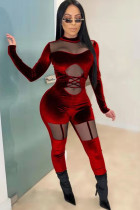 Red Sexy Patchwork Solid Polyester Long Sleeve O Neck  Jumpsuits