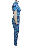 Синий сексуальный лоскутный костюм из двух частей с принтом, прямые брюки из двух частей с длинными рукавами, комплект