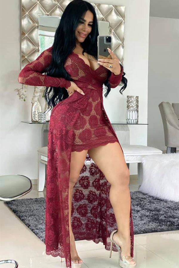 

Wine Red Lace Sexy Cap Sleeve Long Sleeves O neck Swagger Floor-Length lace Patchwork Solid