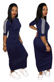 Dark Blue Casual Half Sleeves O neck Step Skirt Ankle-Length Solid Patchwork 