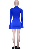 Blue Sexy Bell sleeve Long Sleeves O neck Step Skirt skirt Solid Patchwork stringy selvedge Cl