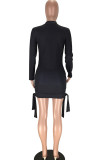 Black Casual Cap Sleeve Long Sleeves O neck Step Skirt skirt Print