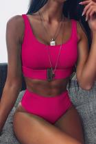 Rosaroter Nylon-Zweiteiler, solide Patchwork-Mode, sexy Bikini-Set für Erwachsene
