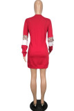 Red Work Daily Print Patchwork O Neck Long Sleeve Mini Pencil Skirt Dresses