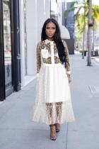 White Fashion Sexy Cap Sleeve Long Sleeves Turndown Collar Pleated Ankle-Length lace Polka Dot p