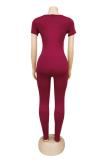 Wine Red Fashion Sexy Solid Patchwork Short Sleeve O Neck Jumpsuits