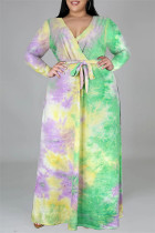 Lila, grünes, modisches, lässiges, Batik-V-Ausschnitt, langärmliges Kleid in Übergröße
