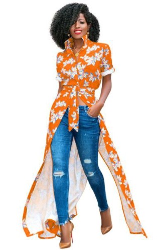 Orange Fashion O-Neck Regular Short Print Long Blouses & Shirts