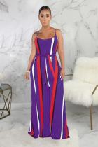purple Fashion Sexy Spaghetti Strap Sleeveless Slip A-Line Floor-Length Print asymmetrical Stripe