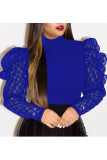 Blue O Neck Long Sleeve Sequin Patchwork perspective Mesh Solid