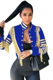 Blue cardigan Embroidery tassel Solid Button Others Long Sleeve 