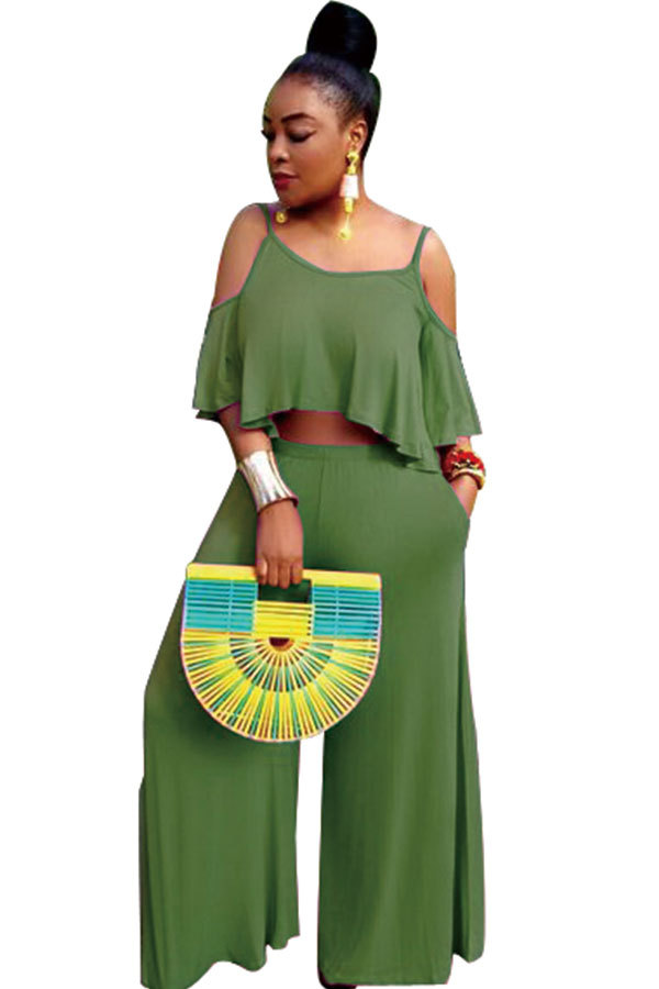 Зеленый сексуальный модный пэчворк с рюшами, однотонный прямой комплект из двух предметов с короткими рукавами и брюками