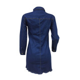 Blaue lässige lange Ärmel Turndown-Kragen Hüftrock Mini-Casual-Kleider