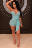 Light Green Fashion Casual Asymmetrical Pearl Solid bandage Sleeveless Wrapped Rompers