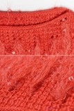 Tricô vermelho gola O manga longa borla vazada sólida