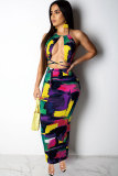 Multi-color Sexy Fashion Spaghetti Strap Sleeveless O neck Step Skirt Ankle-Length hollow out Print backless Pat