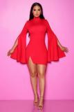 Red Fashion Sexy adult Bell sleeve Long Sleeves Turtleneck Step Skirt Mini split Patchwork Sol