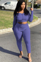 purple Sexy ruffle Two Piece Suits Solid pencil Long Sleeve Two-piece Pants Set