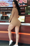 Хаки Сексуальная юбка с длинными рукавами и круглым вырезом Хип-юбка Мини-клубные платья