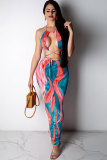 Multi-color Sexy Fashion Spaghetti Strap Sleeveless O neck Step Skirt Ankle-Length hollow out Print backless Pat