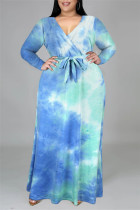 Светло-голубое модное повседневное платье с принтом тай-дай и V-образным вырезом с длинным рукавом большого размера