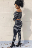 Stripe Elastic Fly Long Sleeve Mid Patchwork Striped Straight Pants Two-piece suit