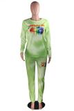 Green Active Print Straight Long Sleeve Two-piece Pants Set
