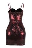 Red adult Fashion Sexy Spaghetti Strap Sleeveless Slip Step Skirt skirt Sequin Solid Club Dre