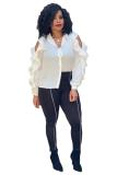 White Mandarin Collar Long Sleeve Stringy selvedge Patchwork Solid Blouses & Shirts