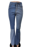 Baby Blue Street Solid Patchwork Mid Waist Regular Flare Leg Tassel Denim Jeans
