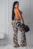 Yellow Fashion Sexy Print Backless Striped Hollow Slip Jumpsuits