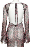 Leopard print Street Print Patchwork Backless O Neck Long Sleeve Mini Pencil Skirt Dresses