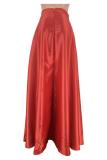 Red Zipper Fly Mid Asymmetrical Patchwork Solid Loose Skirts