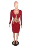 rose red Sexy Fashion adult Cap Sleeve Long Sleeves V Neck Step Skirt Knee-Length Patchwork Embroid