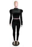 Black adult Casual Fashion Two Piece Suits Solid Patchwork pencil Long Sleeve Two-piece Pants S