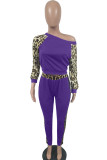 purple Casual Two Piece Suits Leopard Patchwork pencil Long Sleeve Two-piece Pants Set