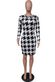 Black and white Fashion Sexy Print Patchwork O Neck Long Sleeve Knee Length Printed Dress Dresses