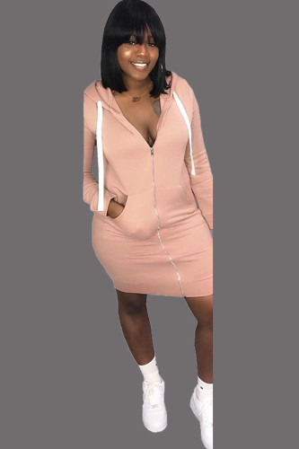 Pink Sexy Cap Sleeve Long Sleeves Hooded Step Skirt skirt Patchwork chain Solid Club Dresses