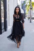 Black Fashion Sexy Cap Sleeve Long Sleeves Turndown Collar Pleated Ankle-Length lace Polka Dot p