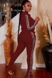 Винно-красный повседневный костюм из двух предметов в стиле пэчворк, однотонный свободный комплект из двух предметов с длинными рукавами