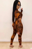 Brown Milk Silk Sexy Print Two Piece Suits pencil Long Sleeve 