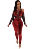 Red Fashion Casual perspective Mesh Patchwork Long Sleeve O Neck Jumpsuits