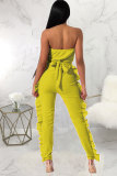 Gelbe, modische, sexy, fadenförmige Patchwork-Overalls mit ärmellosen Kanten und Patchwork