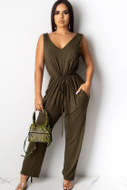 Black Green Sexy Solid Polyester Sleeveless V Neck  Jumpsuits